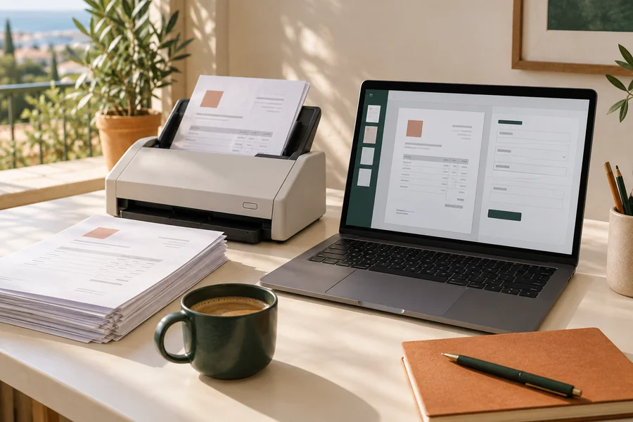 Invoices beside a document scanner and a laptop displaying extracted document fields.