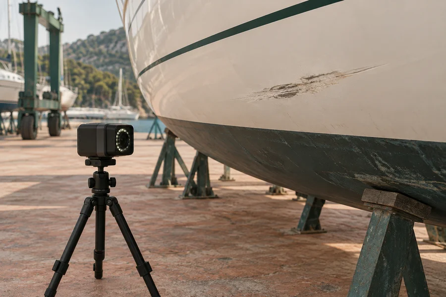 An inspection camera facing a scuff on a white yacht hull in a boatyard.