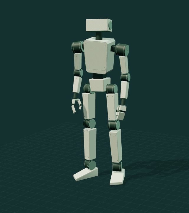 DeneBots 3D humanoid robot model standing on a grid.
